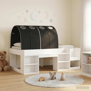 vidaXL Bedframe met tunnel met plank 3 pcs Wit en zwart Bewerkt hout