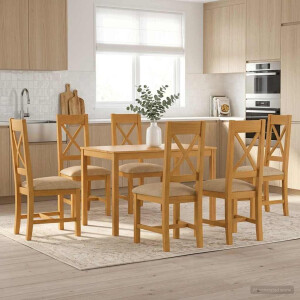 vidaXL Eetkamerset 7 st Beige Massief Eikenhout