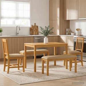vidaXL Eetkamerset 5 st Beige Massief Eikenhout