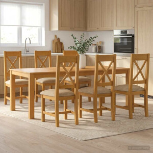 vidaXL Eetkamerset 7 st Beige Massief Eikenhout