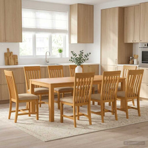 vidaXL Eetkamerset 9 st Beige Massief Eikenhout