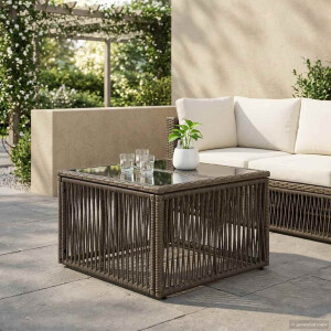 vidaXL Tuinstafel Grijs en zwart 55 x 55 x 37 cm PE Rattan en Glas