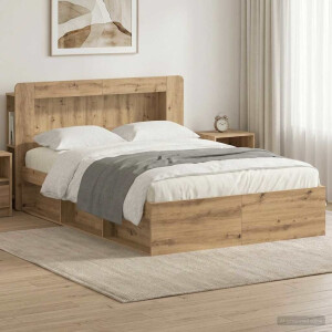 vidaXL Bedframe met opslag Artisanaal eiken 135 x 190 cm Bewerkt hout