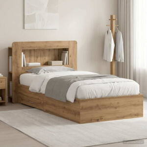 vidaXL Bedframe met opslag Artisanaal eiken 90 x 200 cm Bewerkt hout