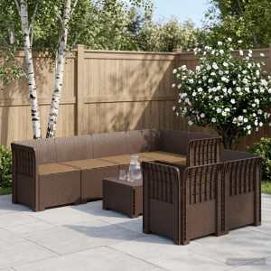 vidaXL 7-Persoons Tuinbank met Kussens Rieten Look PP Bruin