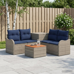 vidaXL Bankstel 6 st Grijs en Marineblauw Poly Rattan en Staal