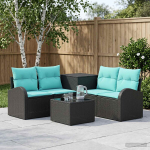 vidaXL Bankstel 6 st Zwart en Blauw Poly Rattan en Staal