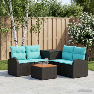 vidaXL Bankstel 6 st Zwart en Blauw Poly Rattan en Staal