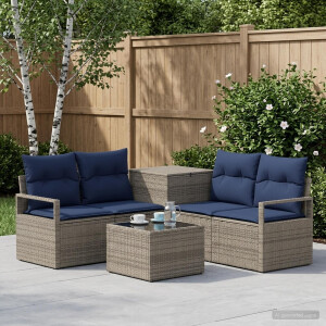 vidaXL Bankstel 6 st Grijs en Marineblauw Poly Rattan en Staal