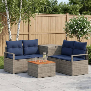 vidaXL Bankstel 6 st Grijs en Marineblauw Poly Rattan en Staal