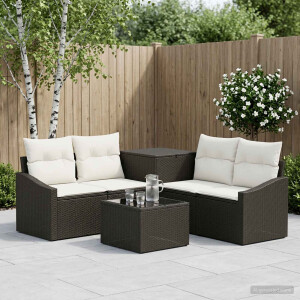 vidaXL Bankstel 6 st Zwart en Cream Wit Poly Rattan en Staal