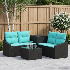 vidaXL Bankstel 6 st Zwart en Blauw Poly Rattan en Staal