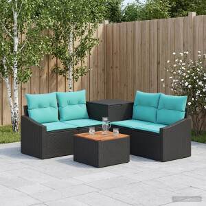 vidaXL Bankstel 6 st Zwart en Blauw Poly Rattan en Staal