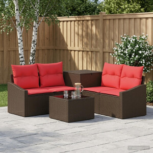 vidaXL Bankstel 6 st Bruin en Rood Poly Rattan en Staal