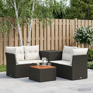 vidaXL Bankstel 6 st Zwart en Cream Wit Poly Rattan en Staal
