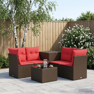 vidaXL Bankstel 6 st Bruin en Rood Poly Rattan en Staal