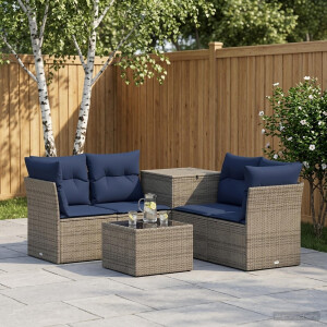 vidaXL Bankstel 6 st Grijs en Marineblauw Poly Rattan en Staal