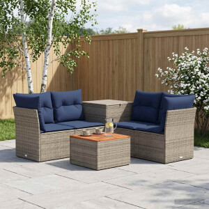 vidaXL Bankstel 6 st Grijs en Marineblauw Poly Rattan en Staal