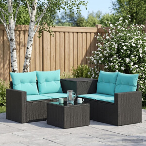 vidaXL Bankstel 6 st Zwart en Blauw Poly Rattan en Staal