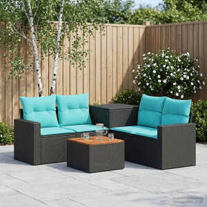 vidaXL Bankstel 6 st Zwart en Blauw Poly Rattan en Staal
