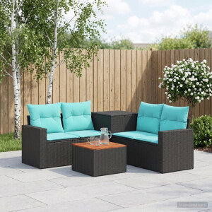 vidaXL Bankstel 6 st Zwart en Blauw Poly Rattan en Staal