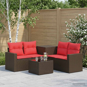 vidaXL Bankstel 6 st Bruin en Rood Poly Rattan en Staal
