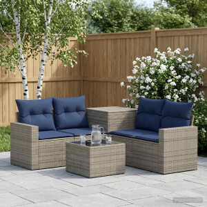 vidaXL Bankstel 6 st Grijs en Marineblauw Poly Rattan en Staal