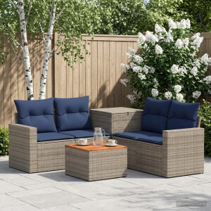 vidaXL Bankstel 6 st Grijs en Marineblauw Poly Rattan en Staal