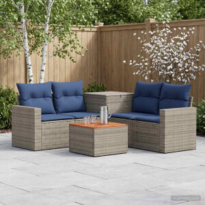 vidaXL Bankstel 6 st Grijs en Marineblauw Poly Rattan en Staal