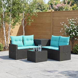 vidaXL Bankstel 6 st Zwart en Blauw Poly Rattan en Staal