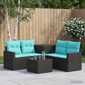 vidaXL Bankstel 6 st Zwart en Blauw Poly Rattan en Staal