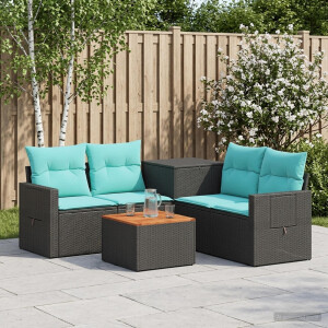 vidaXL Bankstel 6 st Zwart en Blauw Poly Rattan en Staal