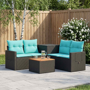 vidaXL Bankstel 6 st Zwart en Blauw Poly Rattan en Staal
