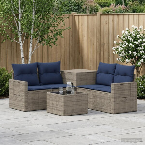 vidaXL Bankstel 6 st Grijs en Marineblauw Poly Rattan en Staal