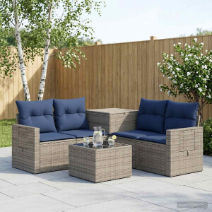 vidaXL Bankstel 6 st Grijs en Marineblauw Poly Rattan en Staal