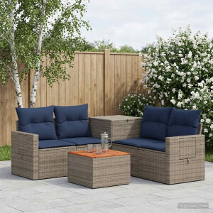 vidaXL Bankstel 6 st Grijs en Marineblauw Poly Rattan en Staal