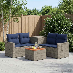 vidaXL Bankstel 6 st Grijs en Marineblauw Poly Rattan en Staal