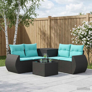 vidaXL Bankstel 6 st Zwart en Blauw Poly Rattan en Staal