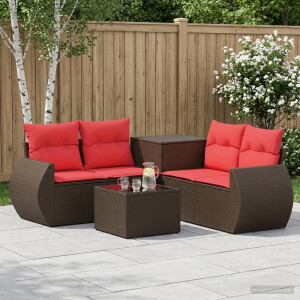 vidaXL Bankstel 6 st Bruin en Rood Poly Rattan en Staal