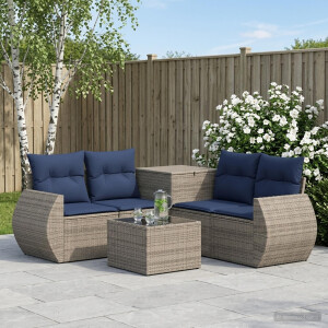 vidaXL Bankstel 6 st Grijs en Marineblauw Poly Rattan en Staal