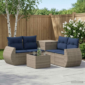 vidaXL Bankstel 6 st Grijs en Marineblauw Poly Rattan en Staal