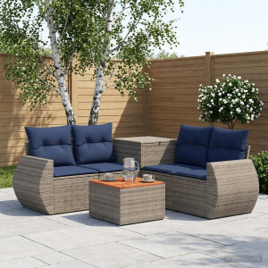 vidaXL Bankstel 6 st Grijs en Marineblauw Poly Rattan en Staal