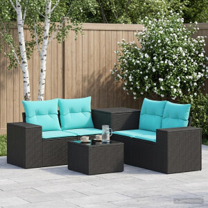 vidaXL Bankstel 6 st Zwart en Blauw Poly Rattan en Staal
