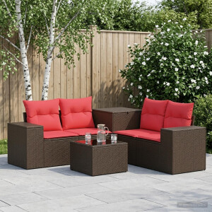 vidaXL Bankstel 6 st Bruin en Rood Poly Rattan en Staal