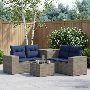 vidaXL Bankstel 6 st Grijs en Marineblauw Poly Rattan en Staal