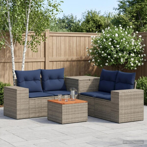 vidaXL Bankstel 6 st Grijs en Marineblauw Poly Rattan en Staal