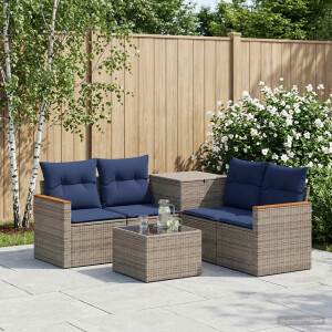 vidaXL Bankstel 6 st Grijs en Marineblauw Poly Rattan en Staal