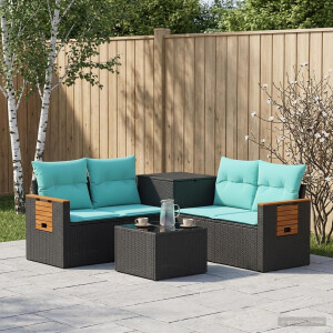 vidaXL Bankstel 6 st Zwart en Blauw Poly Rattan en Staal