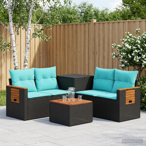 vidaXL Bankstel 6 st Zwart en Blauw Poly Rattan en Staal