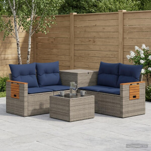 vidaXL Bankstel 6 st Grijs en Marineblauw Poly Rattan en Staal